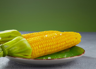 Boiled corn on a plate in the kitchen. Free space for text.