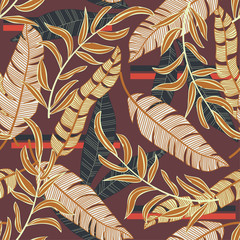 Abstract bright seamless background with colorful tropical leaves and flowers on Burgundy background. Vector design. Jungle print. Floral background. Printing and textiles. Exotic tropics. Fresh desig