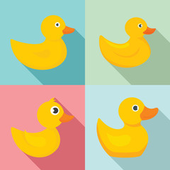 Yellow duck icons set. Flat set of yellow duck vector icons for web design