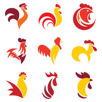Rooster logo set. Flat set of rooster vector logo for web design