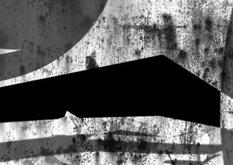 Black and white abstract shapes, dark background.