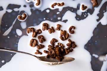 Chocolate cornflakes in the shape of letters of the English alphabet for a quick breakfast with milk on a gray background