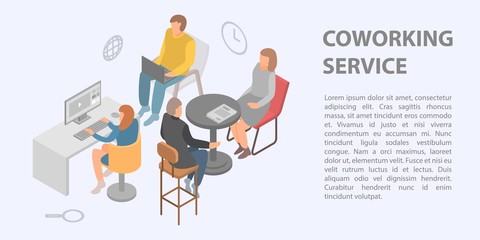 Coworking service concept banner. Isometric illustration of coworking service vector concept banner for web design