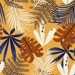 Fototapeta na wymiar Trending bright seamless background with colorful tropical leaves and plants on yellow background. Vector design. Jungle print. Floral background. Printing and textiles. Exotic tropics. Fresh design.