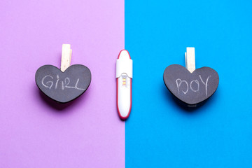 Its a Boy or girl? Pregnancy test with Its a boy or girl concept over pink and blue background