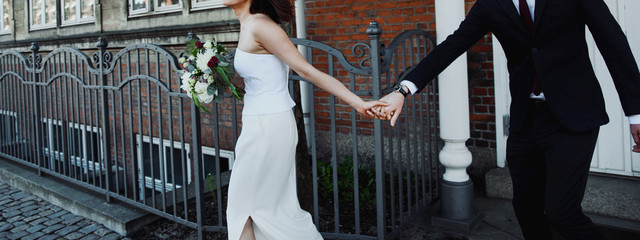 A couple is ready for getting married, happy bride and groom together.