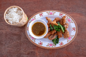 Thai fried pork belly with crispy kaffir lime leaves This recipe is excellent.