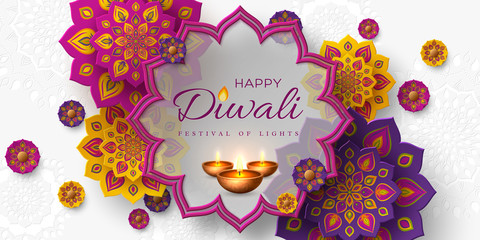 Diwali festival of lights holiday design with paper cut style of Indian Rangoli and diya - oil lamp. Purple color on white background. Vector illustration.