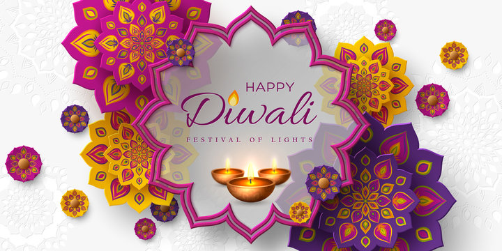 Diwali festival of lights holiday design with paper cut style of Indian Rangoli and diya - oil lamp. Purple color on white background. Vector illustration.