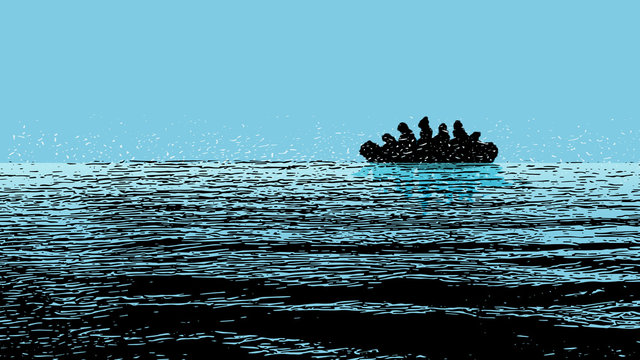 flood disaster. Illustration of a refugee boat on the sea. Pop art in black and blue colors.
