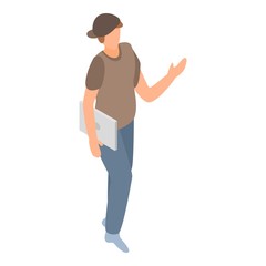 Young student with laptop icon. Isometric of young student with laptop vector icon for web design isolated on white background