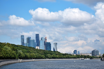 Moscow, Russia - July 8, 2019: The view of the Moscow International Business Center skyscrapers and cloudy sky from the Vorobyevskaya embankment