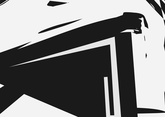 Black and white abstract poster, dark background.