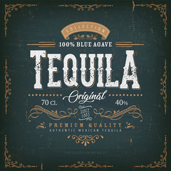 Vintage Mexican Tequila Label For Bottle/ Illustration of a vintage design elegant tequila label, with crafted lettering, specific blue agave product mentions, textures and hand drawn patterns - obrazy, fototapety, plakaty