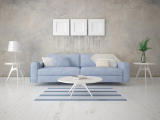 Mock up the original living room with a stylish comfortable sofa and a trendy hipster backdrop.