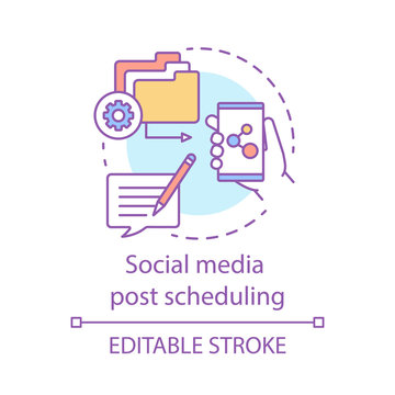 Social media post scheduling concept icon. Social management platform idea thin line illustration. Digital marketing automation tool. Vector isolated outline drawing. Editable stroke