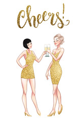 Two beautiful young women holding champagne glasses. Twenties retro party pin-up flapper girls in gold glitter dresses. Vector comic illustration