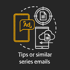 Tips or similar series emails chalk concept icon. Email automation series idea. Digital marketing. Subscriber messages. Mass mailing. Vector isolated chalkboard illustration