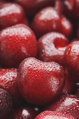 Ripe and fresh berries of a sweet cherry with water drops closeup.