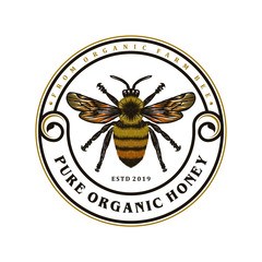 Honey bee logo vintage, label product hand drawn style.