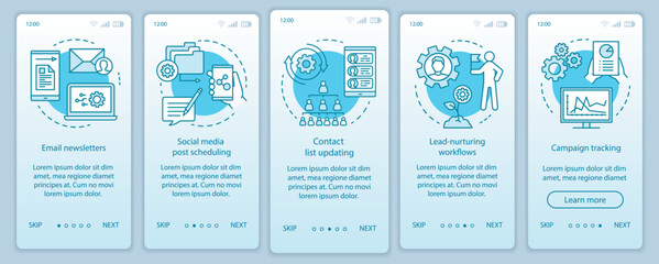 Naklejka premium Marketing automation turquoise onboarding mobile app page screen vector template. Social media, emails walkthrough website steps with linear illustrations. UX, UI, GUI smartphone interface concept