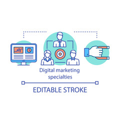 Digital marketing specialties concept icon. Internet professions idea thin line illustration. Copywriter, SEO manager, PPC specialist. Vector isolated outline drawing. Editable stroke