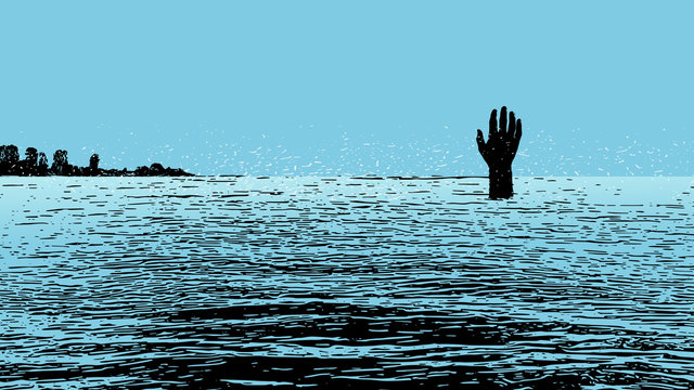 flood disaster. Illustration of the hand of a person drowning in the sea not far from the coast. Popart in black and blue colors.