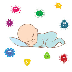 Newborn baby and virus attack, illustration