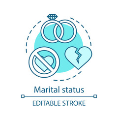 Marital status turquoise concept icon. Wedding rings, broken heart idea thin line illustration. Relationship breakup, divorced, single, married vector isolated outline drawing. Editable stroke
