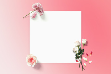 Spring flower flatlay with copyspace paper. Roses on the pink background top view. Holiday spring card