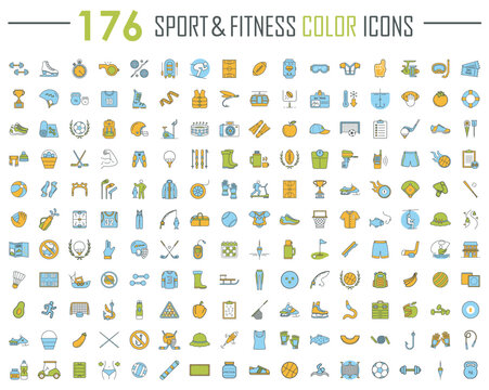 Sport and fitness color icons big set. Healthy lifestyle and nutrition. Gym, workout training, exercises. Outdoor activities, team sports. Fishing, hiking, camping. Isolated vector illustrations