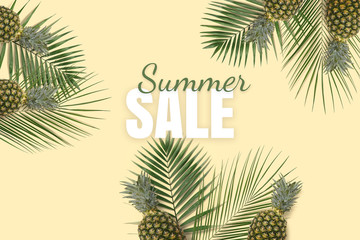 Summer sale banner. Special offer poster discount on the yellow background with green kiwi, pineapple and palm leaves. Fruit pattern