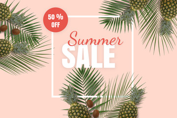 Summer sale banner. Special offer poster discount on the pink background with green kiwi, pineapple and palm leaves. Fruit pattern with white frame
