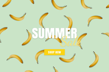 Summer sale banner. Special offer poster discount on the blue background with yellow bananas. Fruit pattern