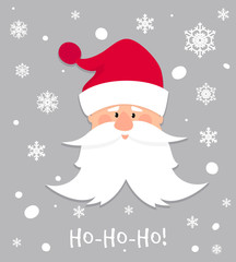 Ho-Ho-Ho Christmas banner. Cartoon Santa Claus with white beard and moustache in red hat. Christmas holiday greeting card character. Funny winter Xmas holidays celebration cute vector background