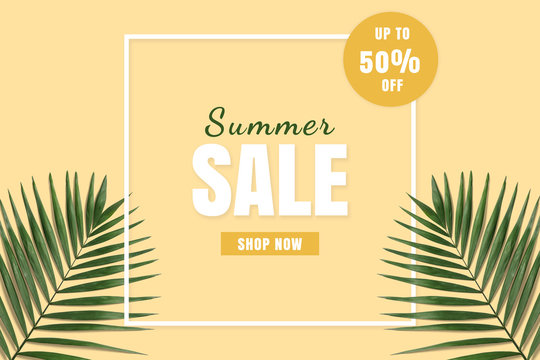 Hot price summer sale flatlay. Summer sale banner. Special offer poster discount on the yellow background with green palm leaves.