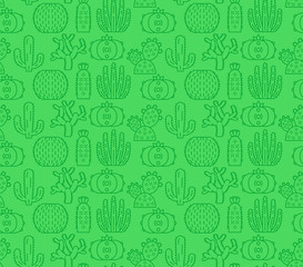 Wild cactuses vector seamless pattern. Succulent plants green background with linear icons. South, Latin America flora texture. Cacti wallpaper. Mexican textile, wrapping paper botanical design