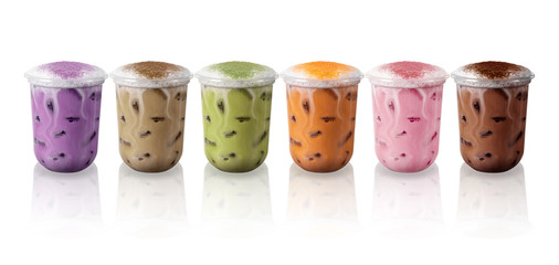 coffee cocoa green tea milk taro clear glass beverage for refreshment in summer on white background
