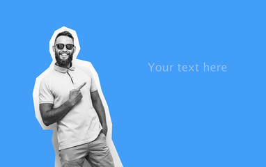 Crazy hipster guy emotions. Hipster man pointing with fingers at your text