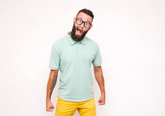 Fototapeta premium Crazy hipster guy emotions. Depressed angry bearded man yelling. Collage in magazine style.