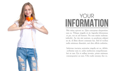 Woman with headphones listening music happiness smiling on white background isolation. Beautiful female model.