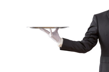 Waiter holding empty silver tray isolated on white background