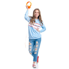 Woman with headphones listening music happiness smiling on white background isolation. Beautiful female model.