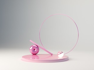 3d render. Minimal  3d scene with geometrical forms. White background. Minimal pink podium with metal pink ring in abstract background. Primitive shapes and spherical light in the platform. 