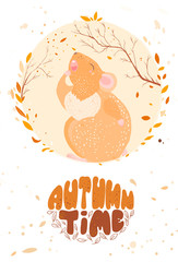 Autumn has come. Autumn time. Lettering. The rat is yawning and wants to sleep.