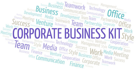 Corporate Business Kit word cloud. Collage made with text only.