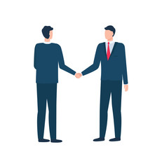 Men shaking hands, meeting of delegates, businessmen characters standing together, portrait and back view of workers in suit, company cooperation vector