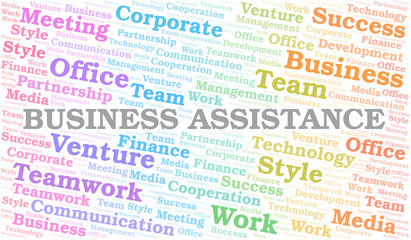 Business Assistance word cloud. Collage made with text only.