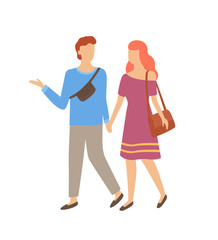 Happy couple man and woman walking together holding hands isolated cartoon characters. Vector male and female with bag or sack, people on walk flat style