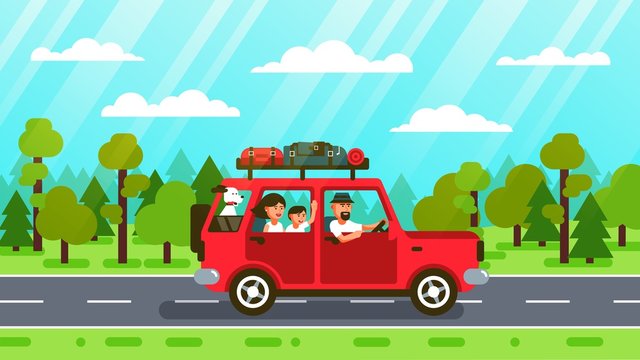 Family car trip on forest road. Vector illustration in flat style.